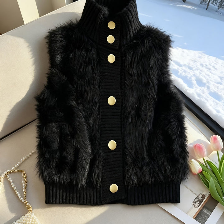 Staande kraag nepbont vest cardigan, little dress stijl open voorkant, modieuze elegante gelaagde shrug, herfst winter top