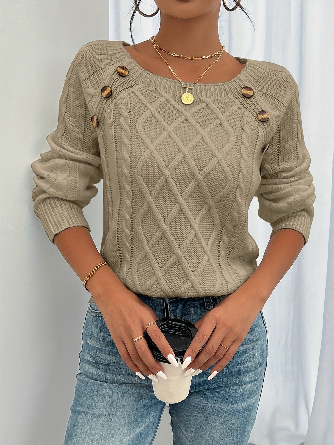 Madison | Square Neck Button Cable Knit Sweater