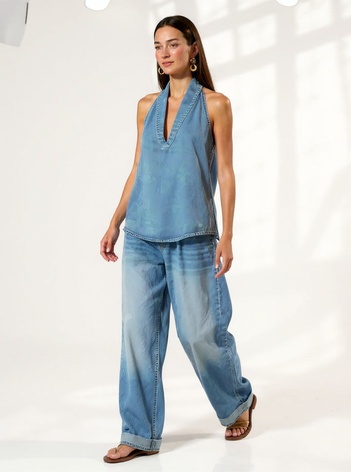Women's Denim Vest and Straight Leg Pants Set