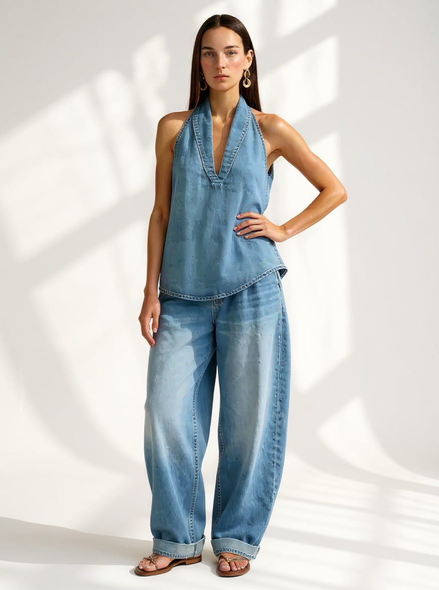 Women's Denim Vest and Straight Leg Pants Set