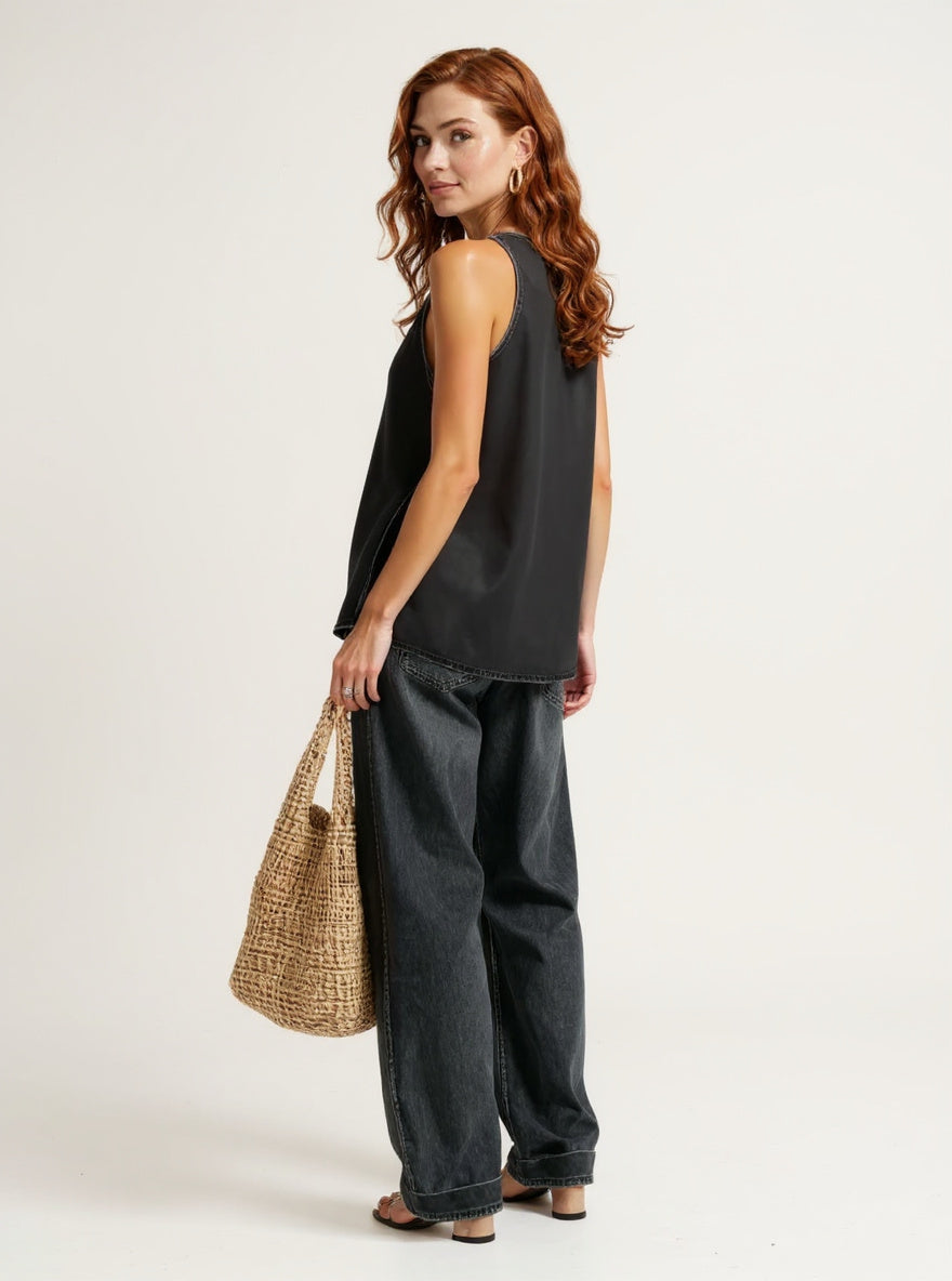 Women's Denim Vest and Straight Leg Pants Set
