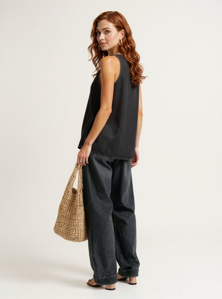 Women's Denim Vest and Straight Leg Pants Set