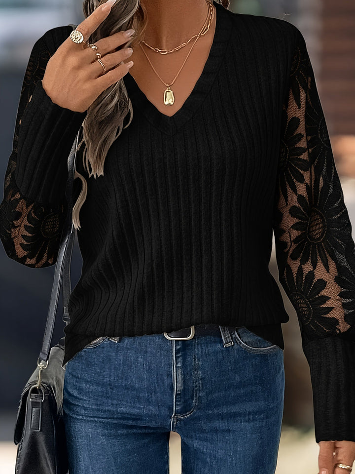 Phyllis | Mesh Panel Long Sleeve Knit Top