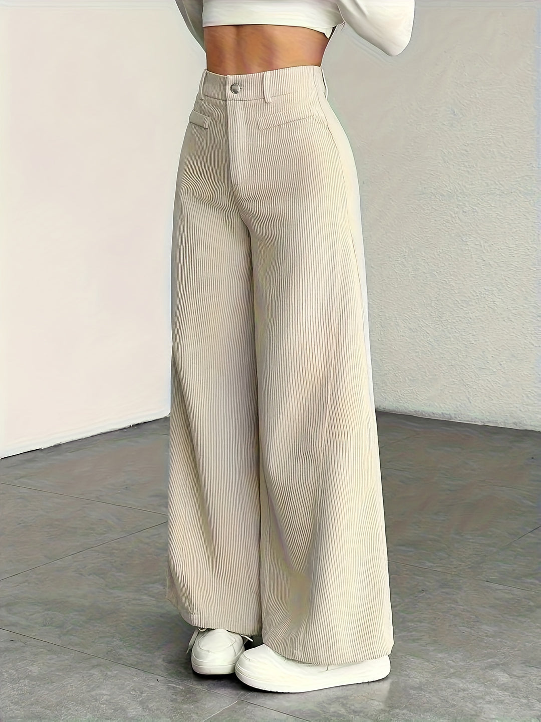 Hoge taille wijde pijp broek voor dames - corduroy textuur casual broek, comfort voor alle seizoenen, machinewasbaar