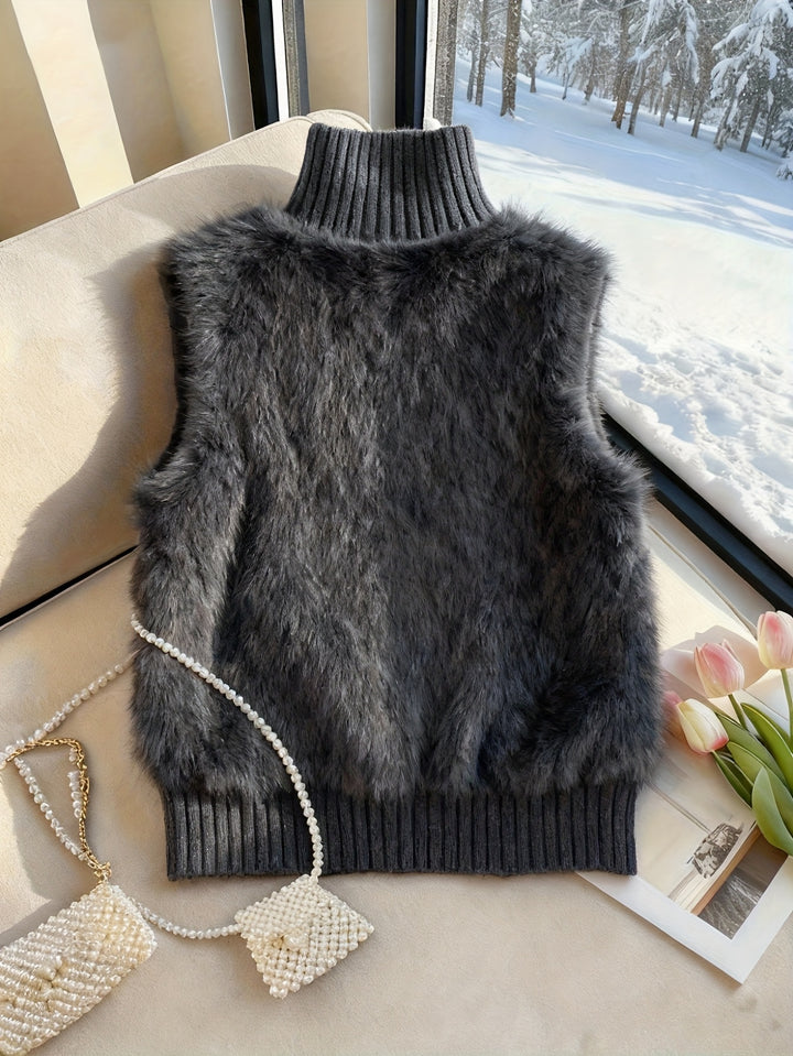Staande kraag nepbont vest cardigan, little dress stijl open voorkant, modieuze elegante gelaagde shrug, herfst winter top