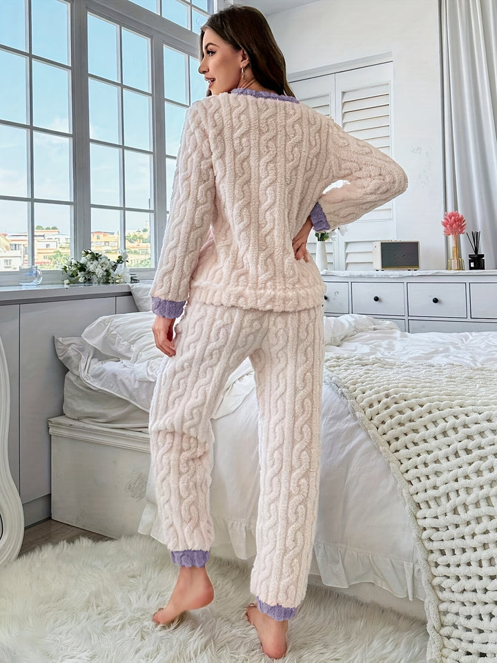 Damessterpatroon jacquard fleece dikke casual pyjamaset, top en broek met ronde hals en lange mouwen, comfortabele, ontspannen pasvorm voor herfst en winter