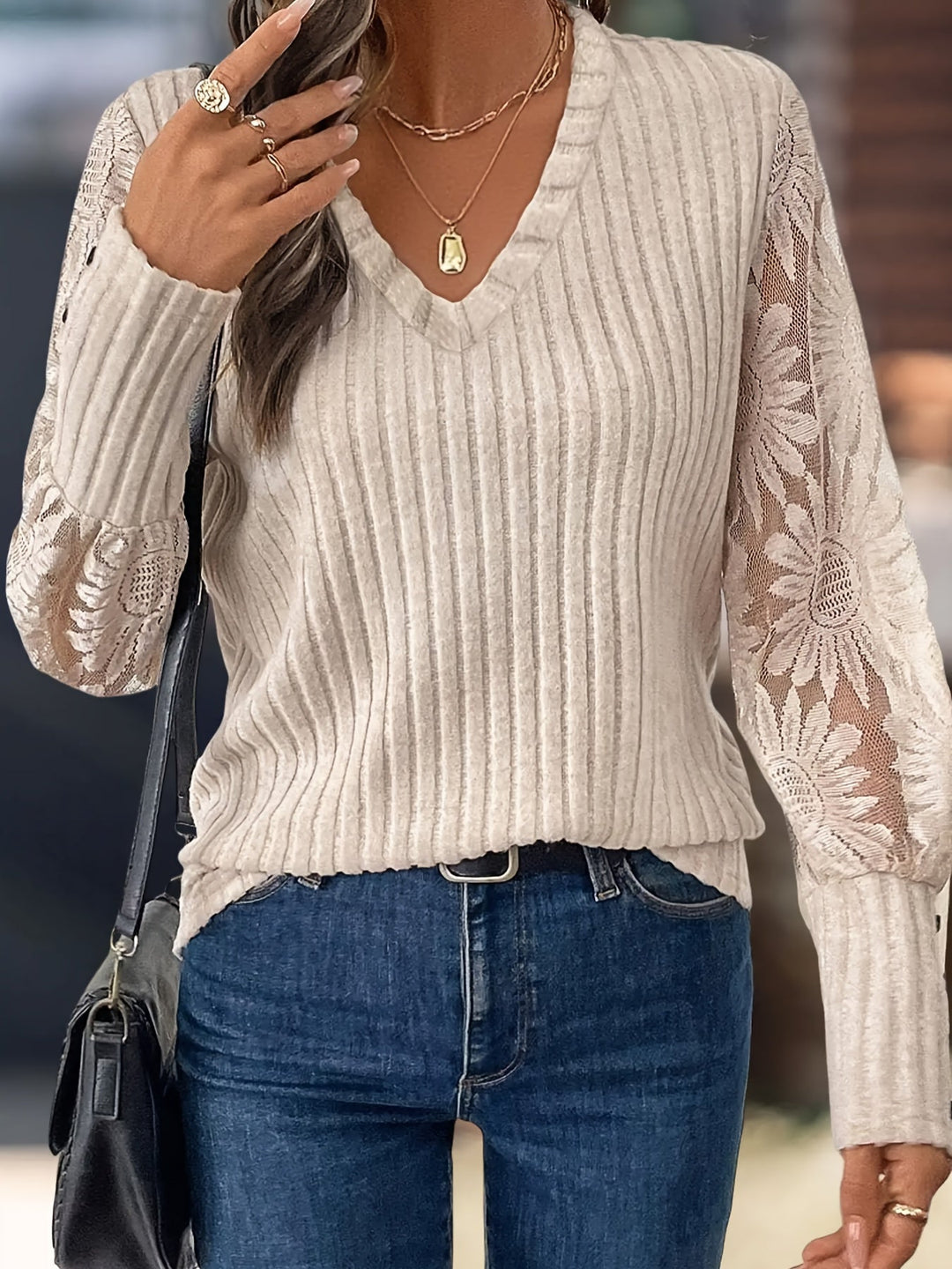 Phyllis | Mesh Panel Long Sleeve Knit Top