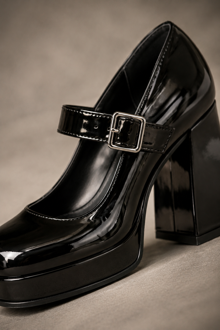Blair zwarte patent platform Mary Jane – detail zool en hak