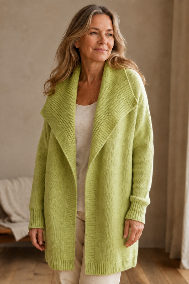 Brenda light green open-front knit cardigan editorial photograph