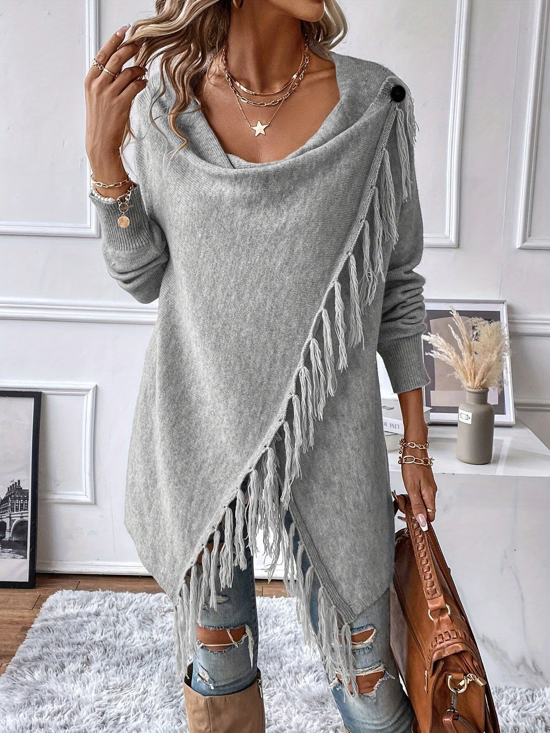Norma | Draped Neck Fringe Trim Wrap Sweater