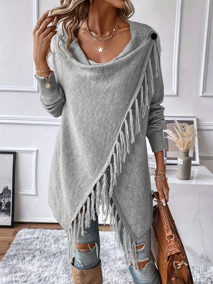Norma | Draped Neck Fringe Trim Wrap Sweater