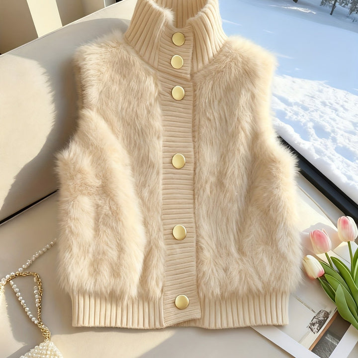 Staande kraag nepbont vest cardigan, little dress stijl open voorkant, modieuze elegante gelaagde shrug, herfst winter top
