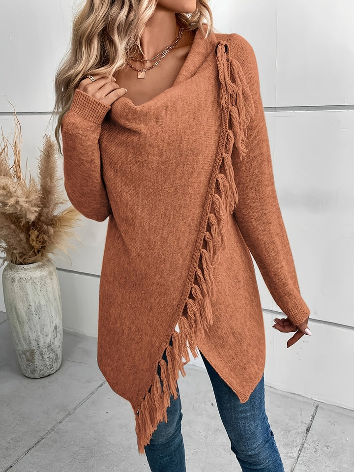 Norma | Draped Neck Fringe Trim Wrap Sweater