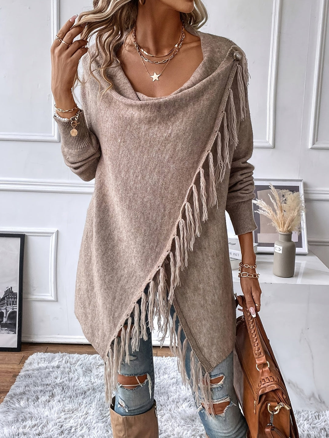 Norma | Draped Neck Fringe Trim Wrap Sweater