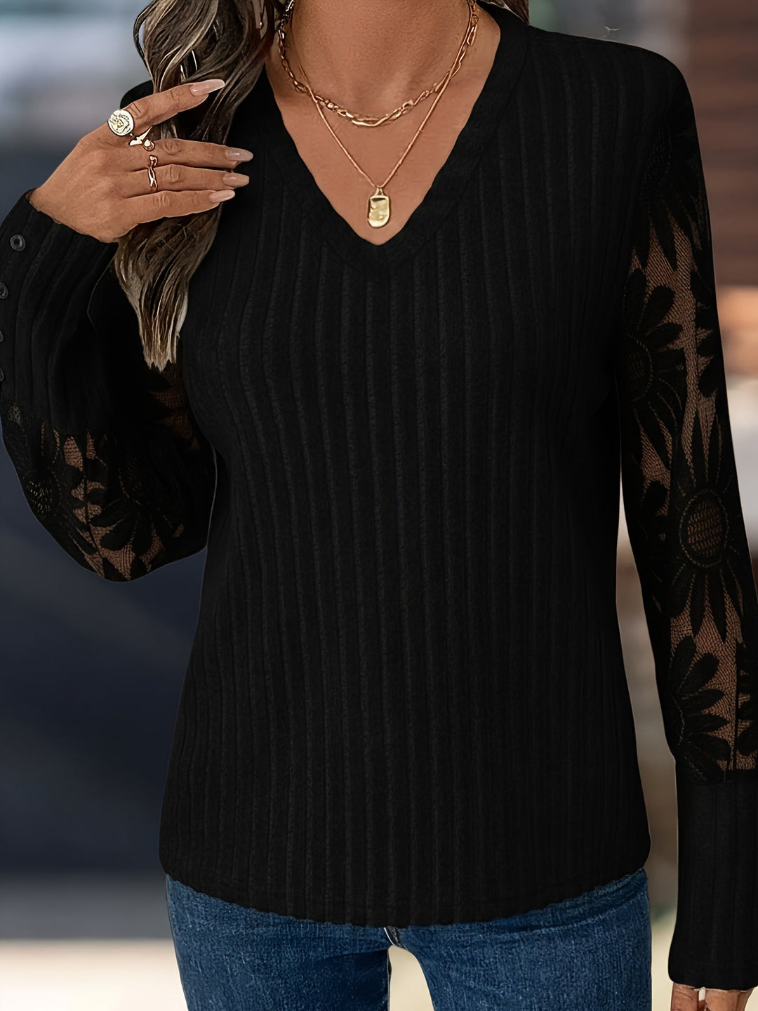 Phyllis | Mesh Panel Long Sleeve Knit Top