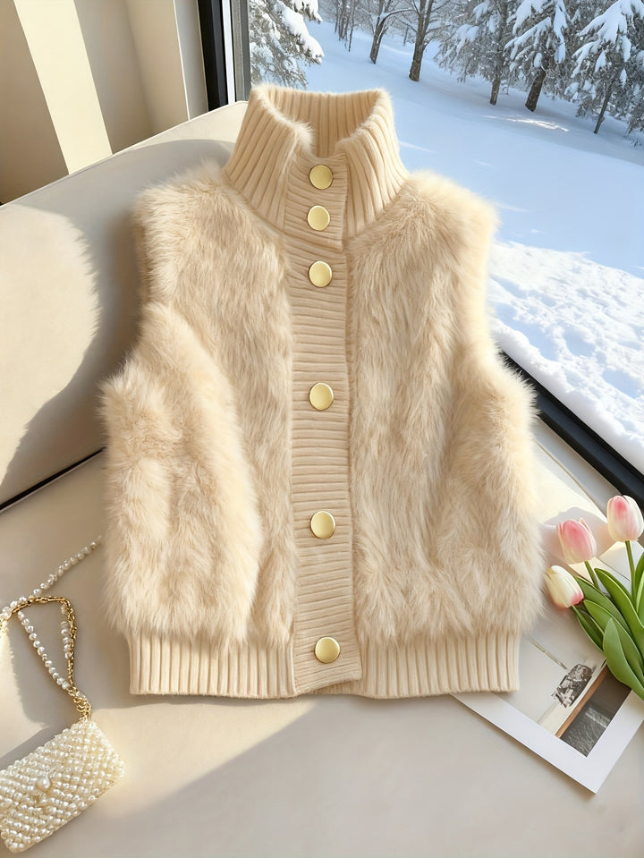 Staande kraag nepbont vest cardigan, little dress stijl open voorkant, modieuze elegante gelaagde shrug, herfst winter top