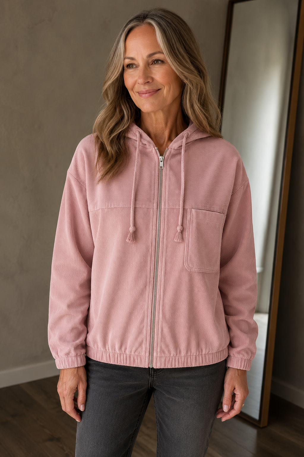 Denise Hooded Corduroy Jacket closed front view