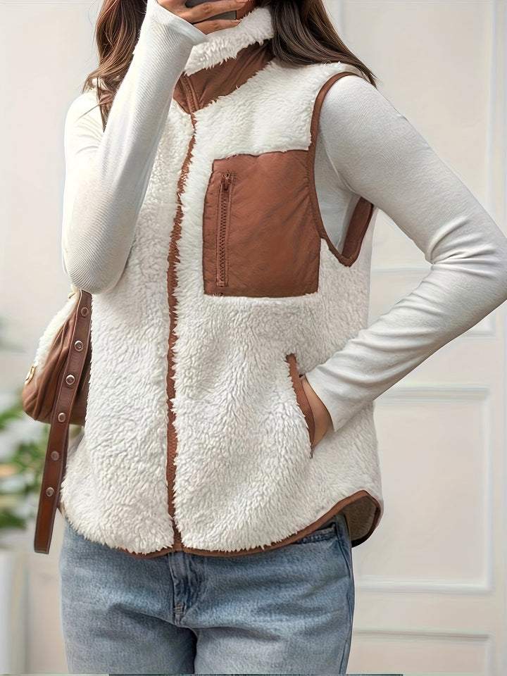 Dubbelzijdige Pluche Color-block Patchwork Opstaande Kraag Rits Vest