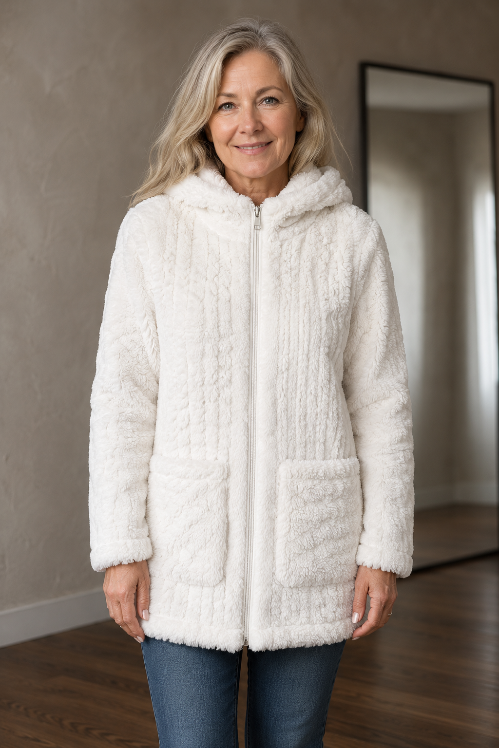 Doris longline plush zip-up hoodie closed