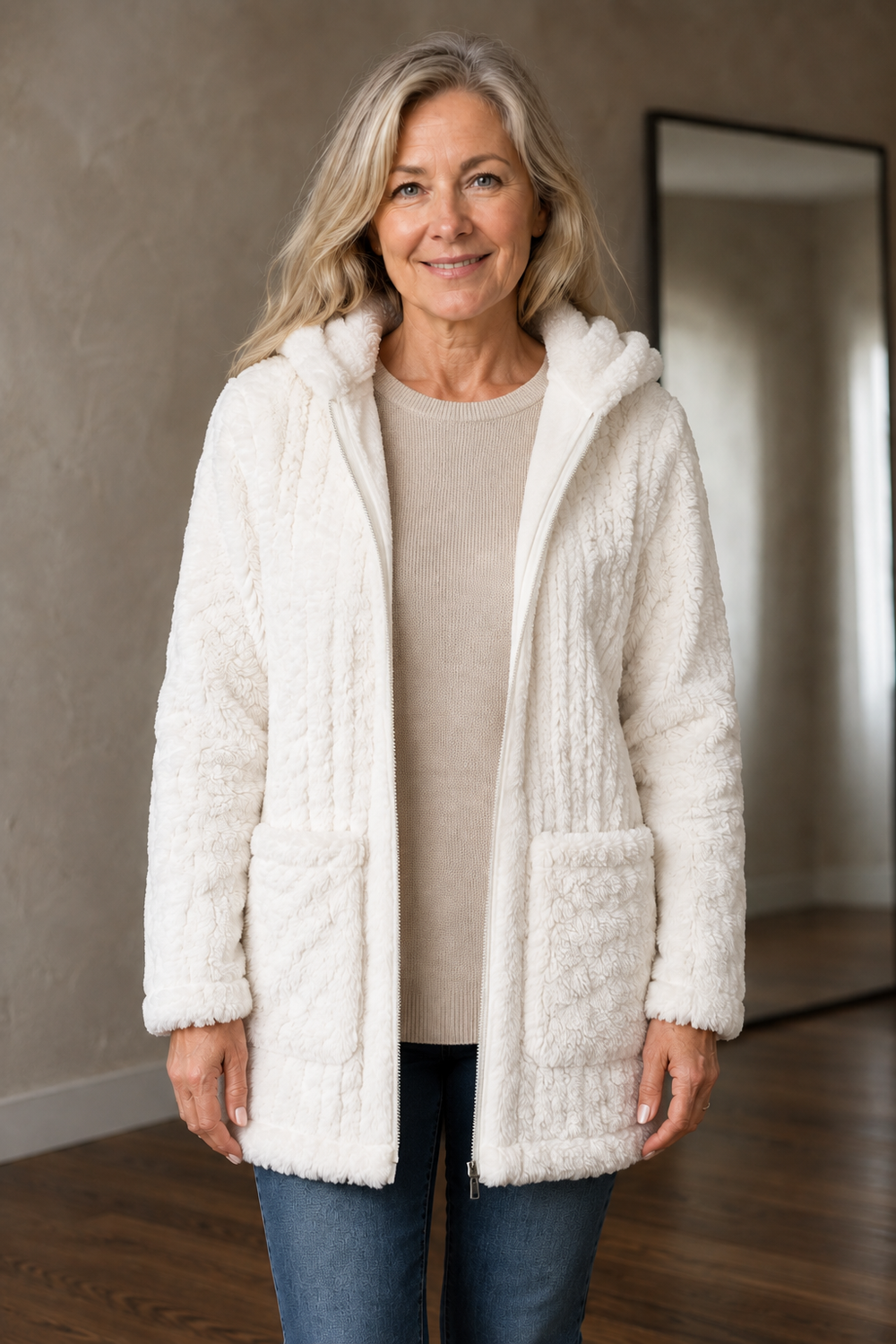 Doris longline plush zip-up hoodie open