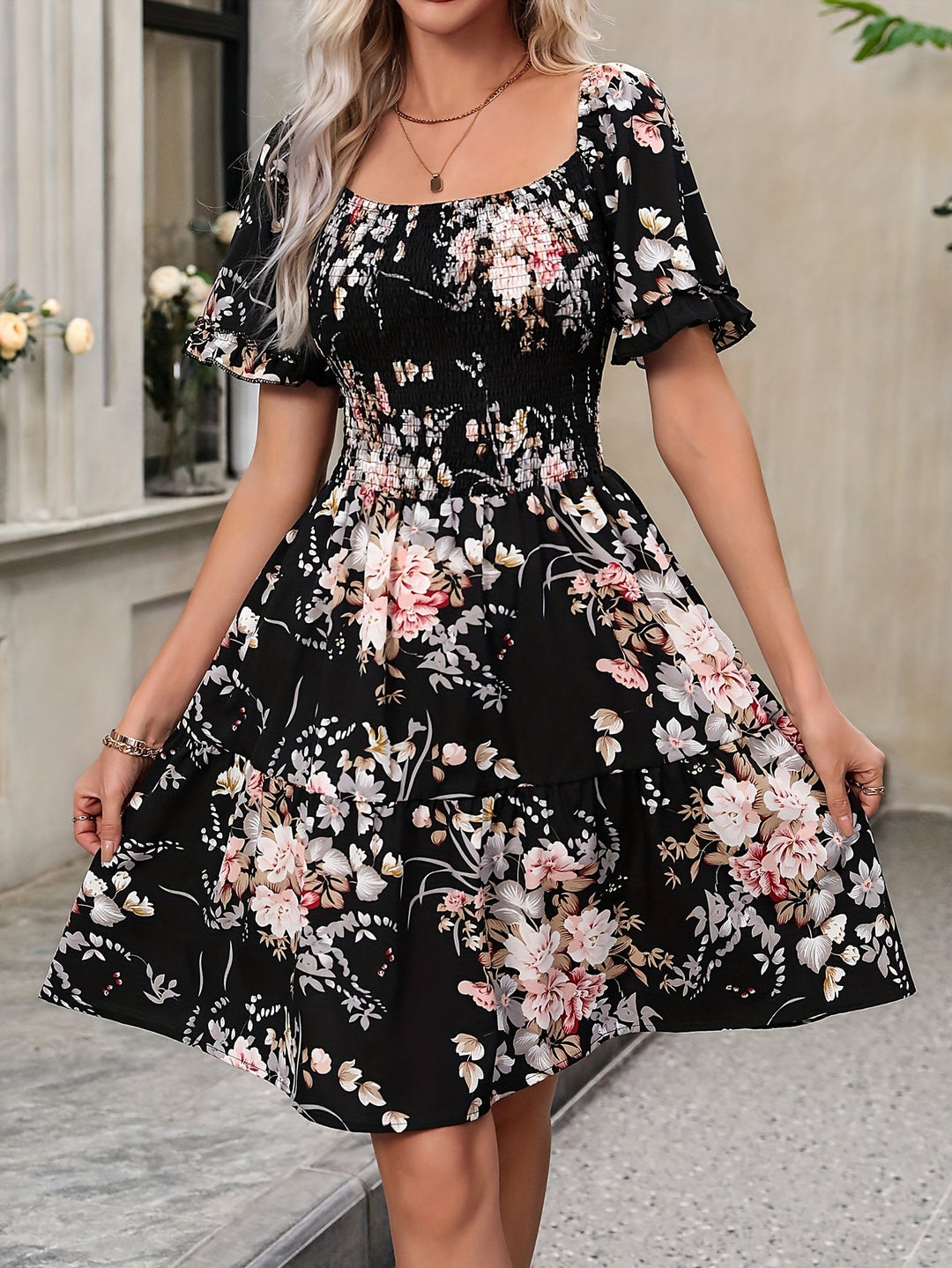 Denise | Floral Square Neck Ruffle Dress