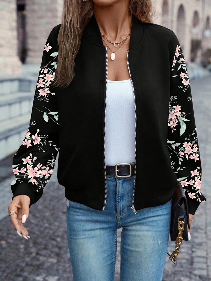 Lucille | Floral Print Zip-Up Bomber Jacket