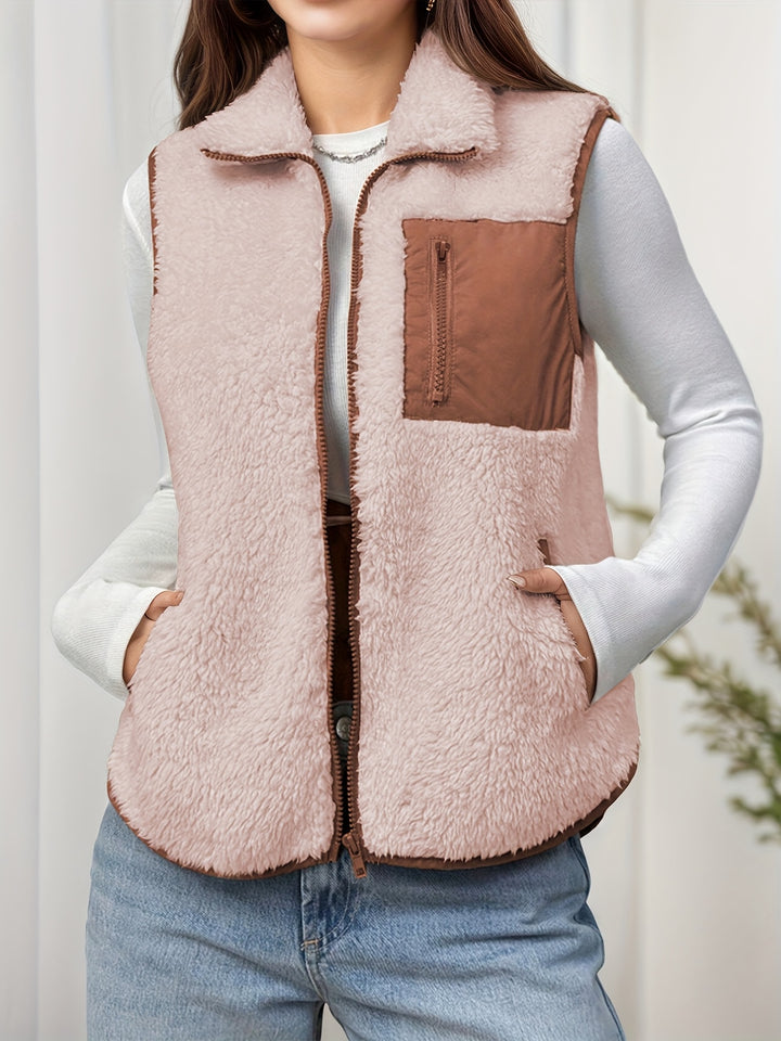 Dubbelzijdige Pluche Color-block Patchwork Opstaande Kraag Rits Vest