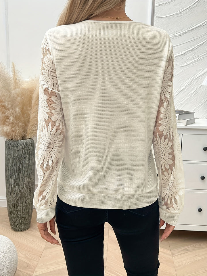 Effen Lantaarn Mouw Kant Geborduurde V-Hals T-Shirt Top