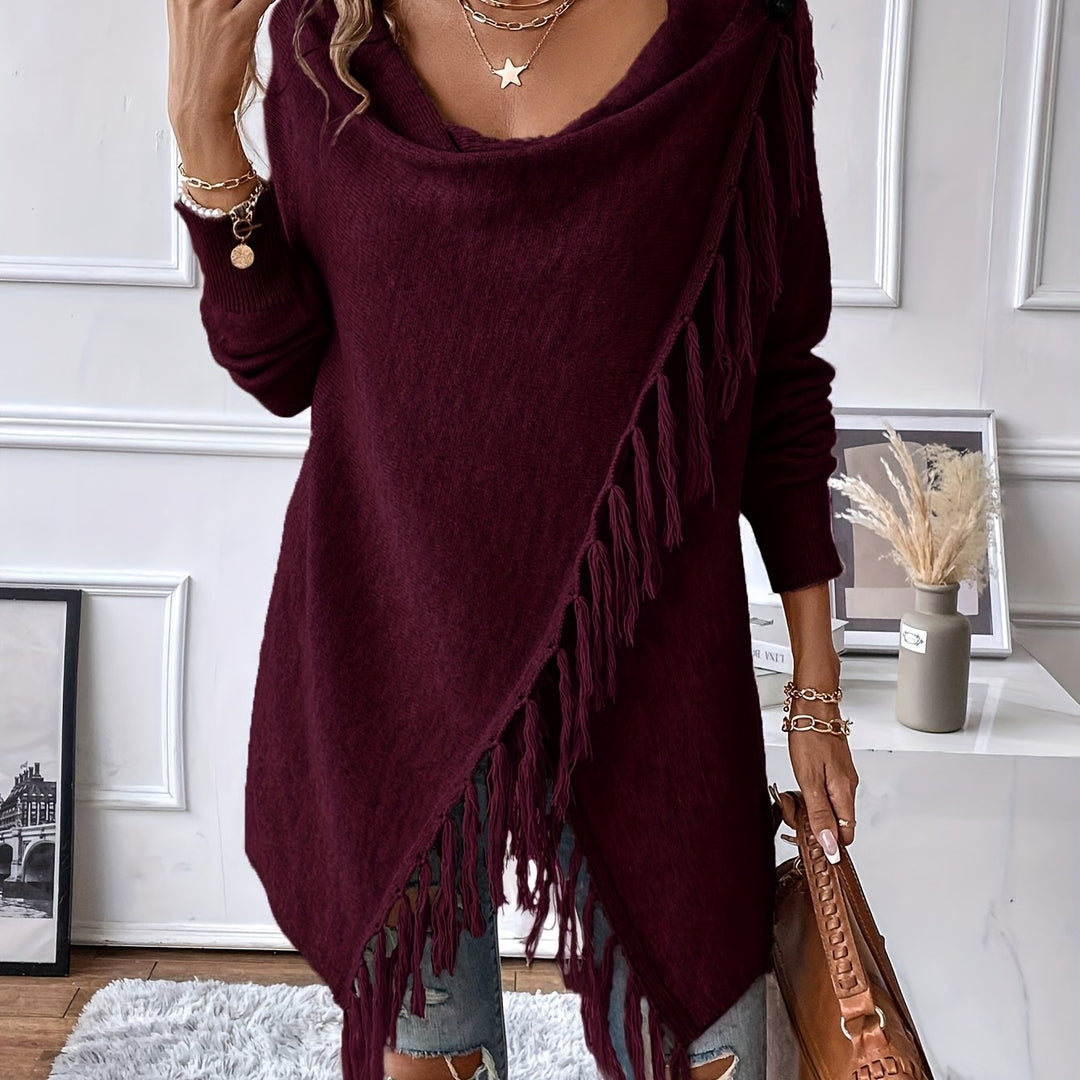 Norma | Draped Neck Fringe Trim Wrap Sweater