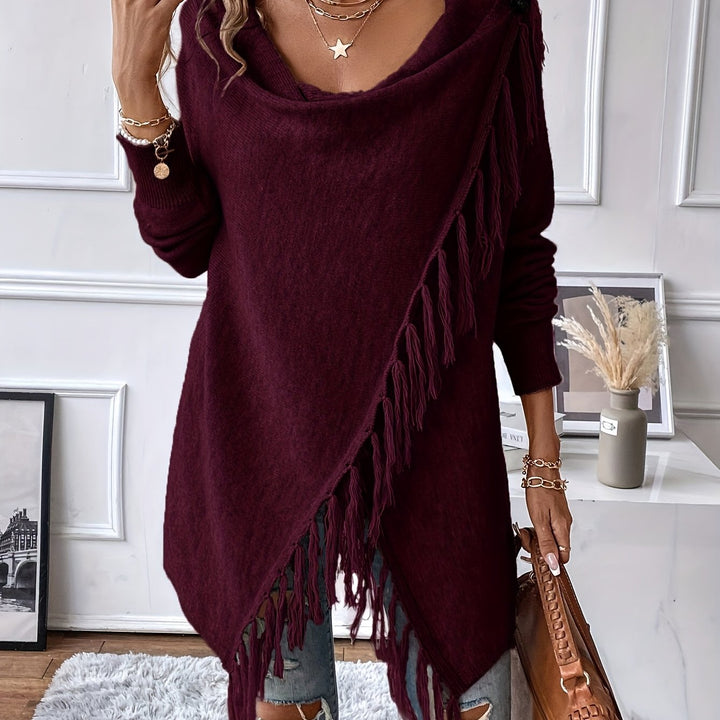 Norma | Draped Neck Fringe Trim Wrap Sweater