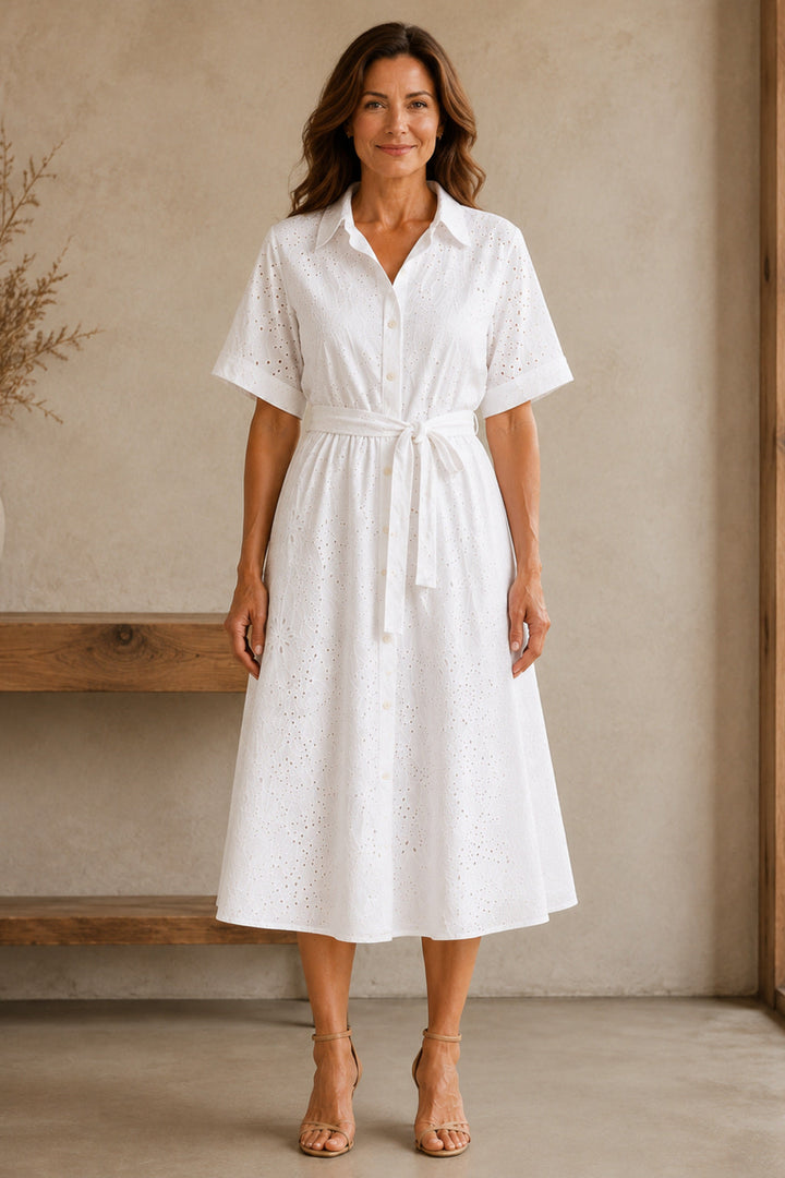 Eden | Short Sleeve Button Front Waist Tie Midi Dress