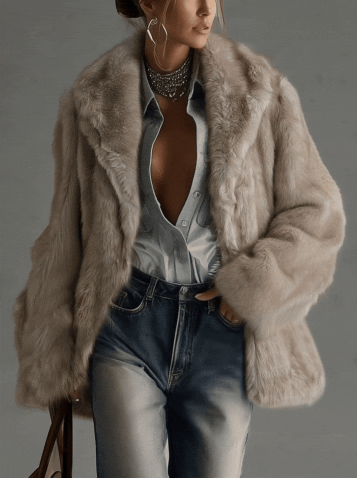 24-Hour-Shipping Soft Taupe Faux Fur Oversized Long Sleeve Coat
