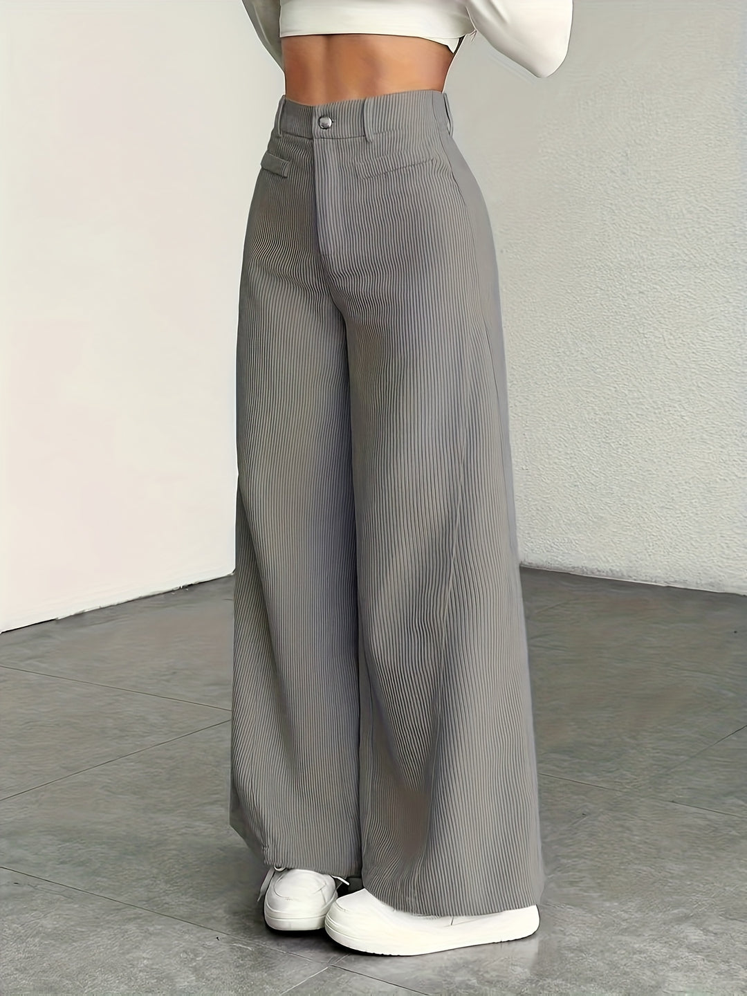 Hoge taille wijde pijp broek voor dames - corduroy textuur casual broek, comfort voor alle seizoenen, machinewasbaar