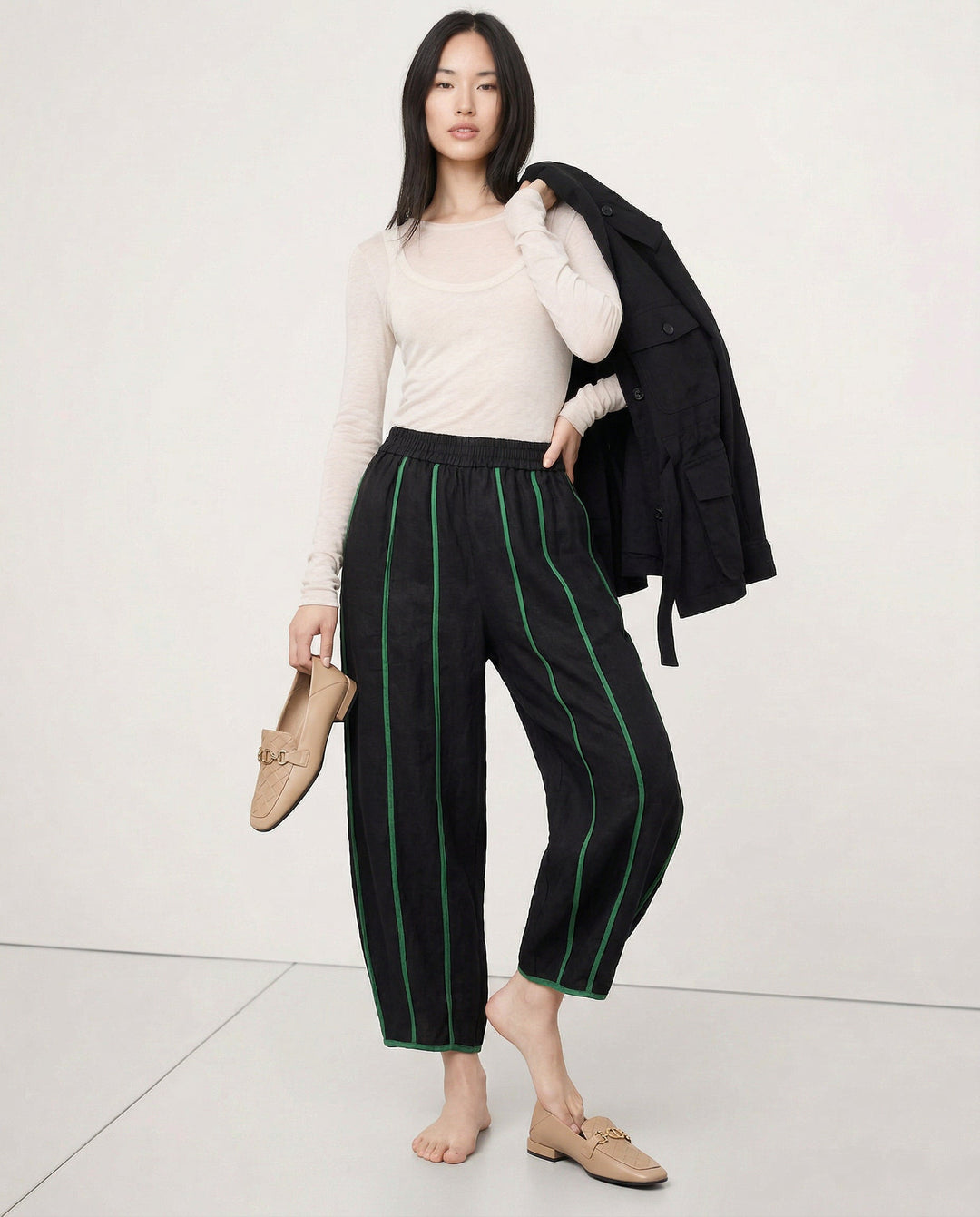 The Green Stripe Linen Wide Leg Pant
