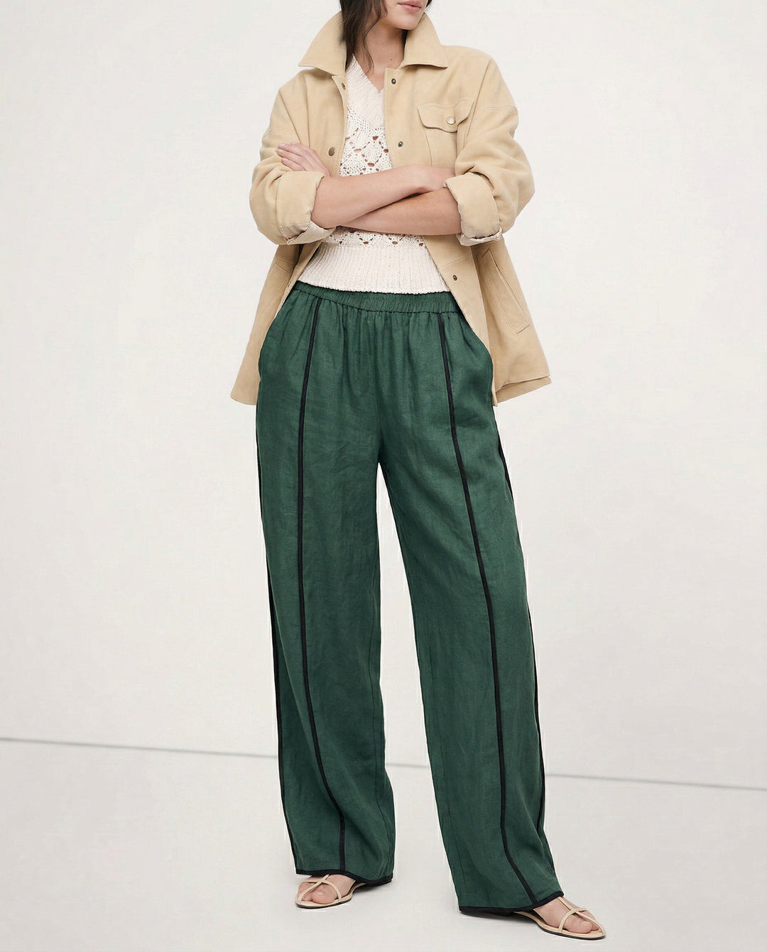 The Green Stripe Linen Wide Leg Pant