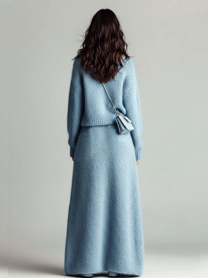 Sarah Chic Elegant Blue Stand Collar V Neck Long Sleeve Loose Sweater Patch Pocket Maxi Skirt Fuzzy Knit Two-Piece Set