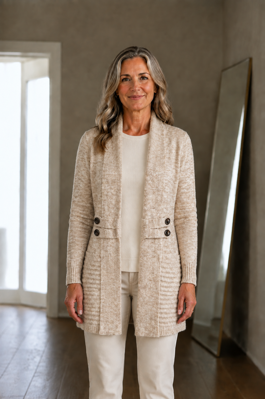 Joyce Shawl Collar Longline Cardigan open front view