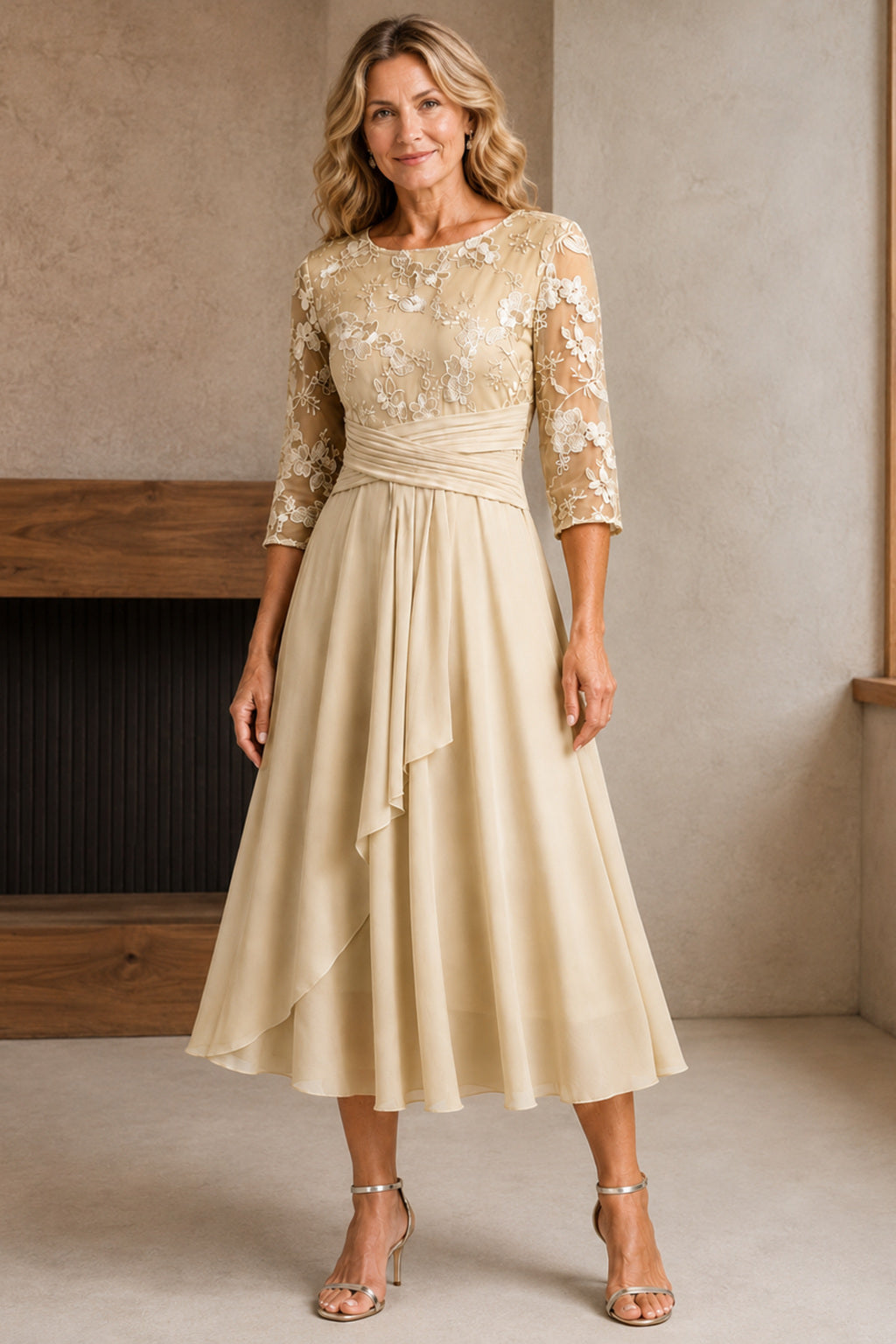 Karla | Champagne Floral 3/4 Sleeve Round Neck Dress