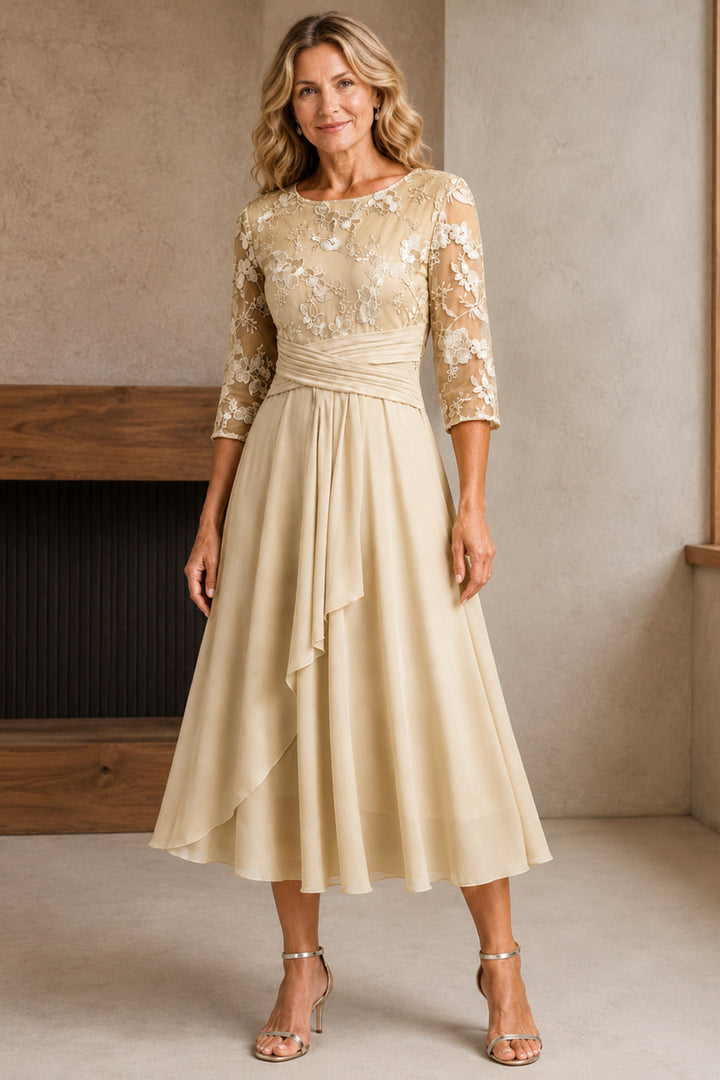Karla | Champagne Floral 3/4 Sleeve Round Neck Dress