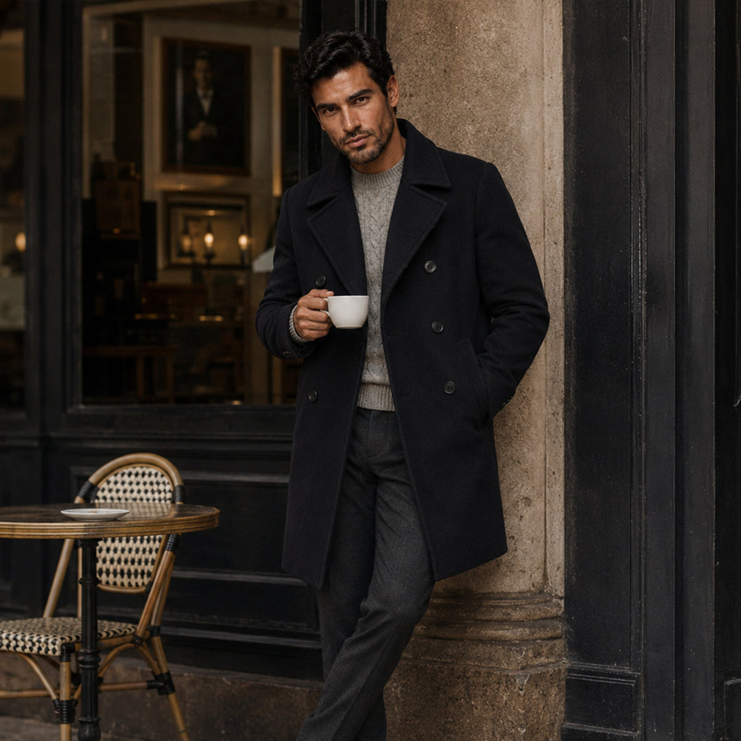 The Buckingham Men’s Warm Winter  Double Breasted Wool Peacoat – Black