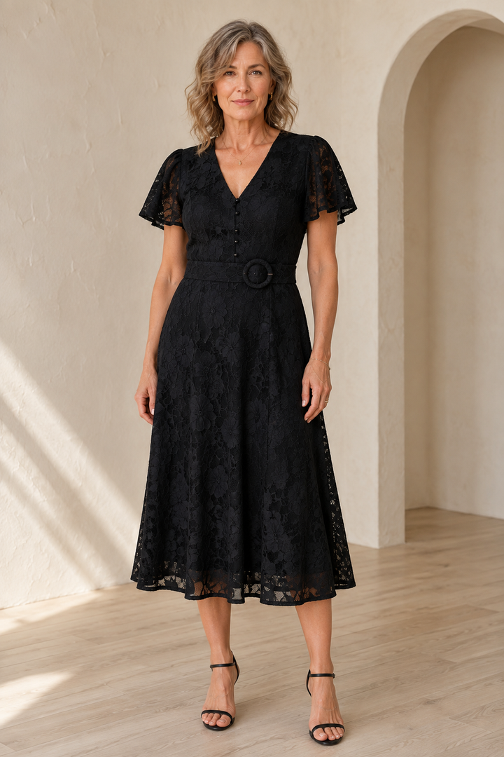 Monica | Flutter Sleeve Lace Midi Dress