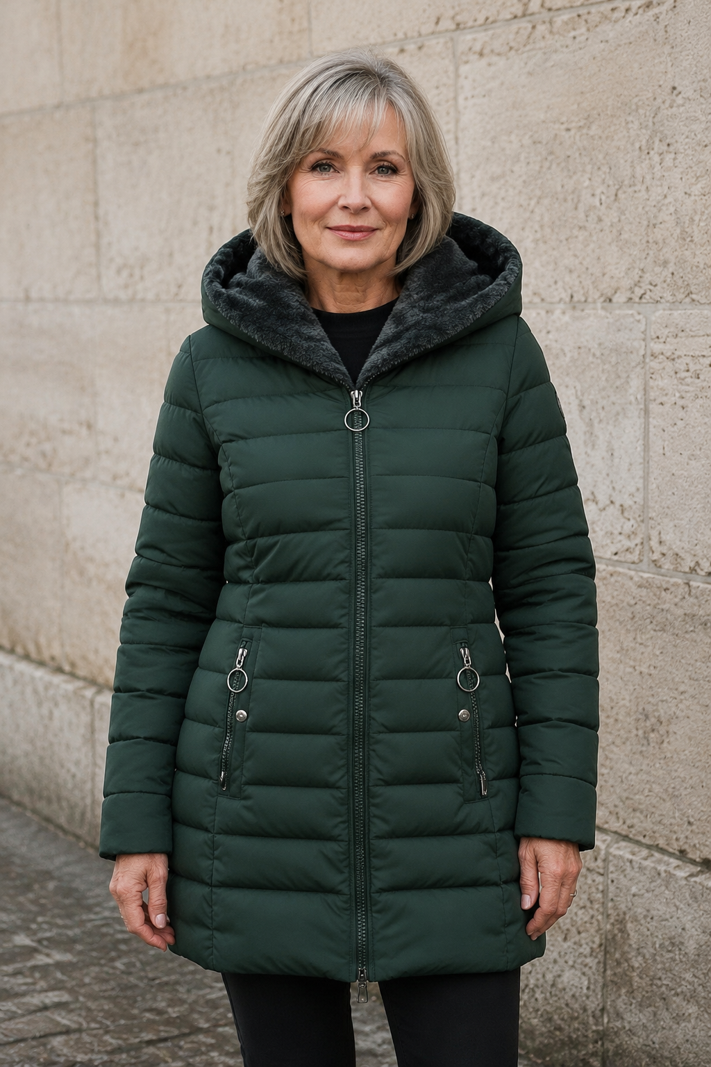 Marelle fleece lined puffer coat closed