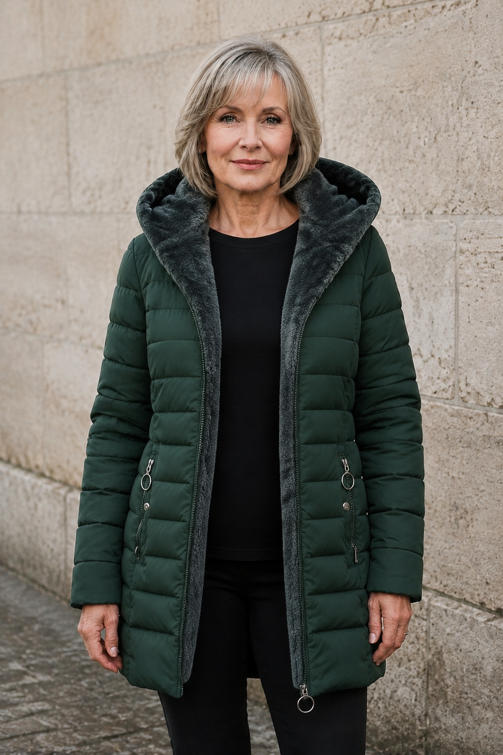 Marelle fleece lined puffer coat open