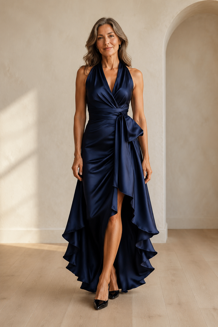 Cynthia | Satin Halter Ruffle Gown