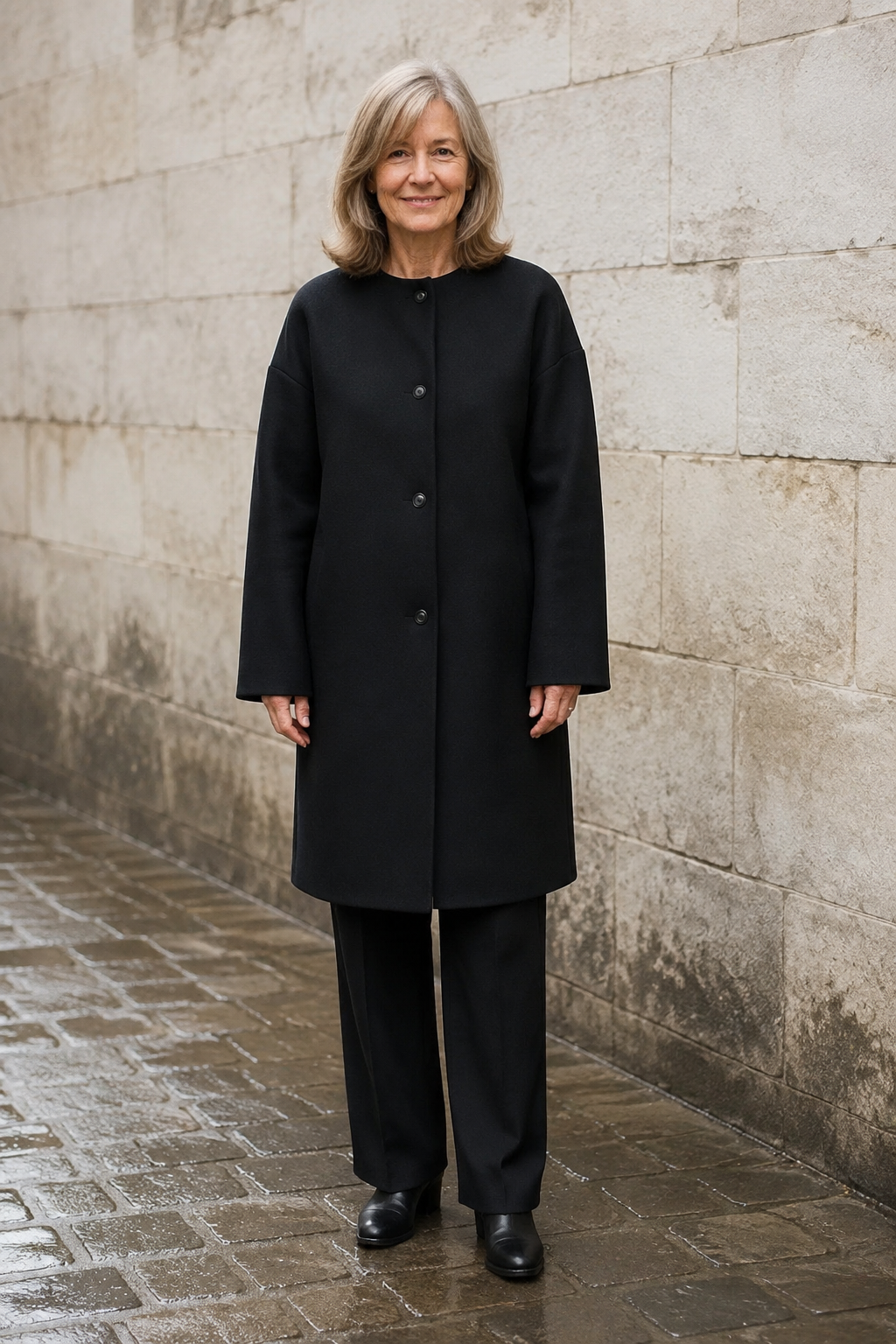 Minimalist Collarless Winter Coat closed front view