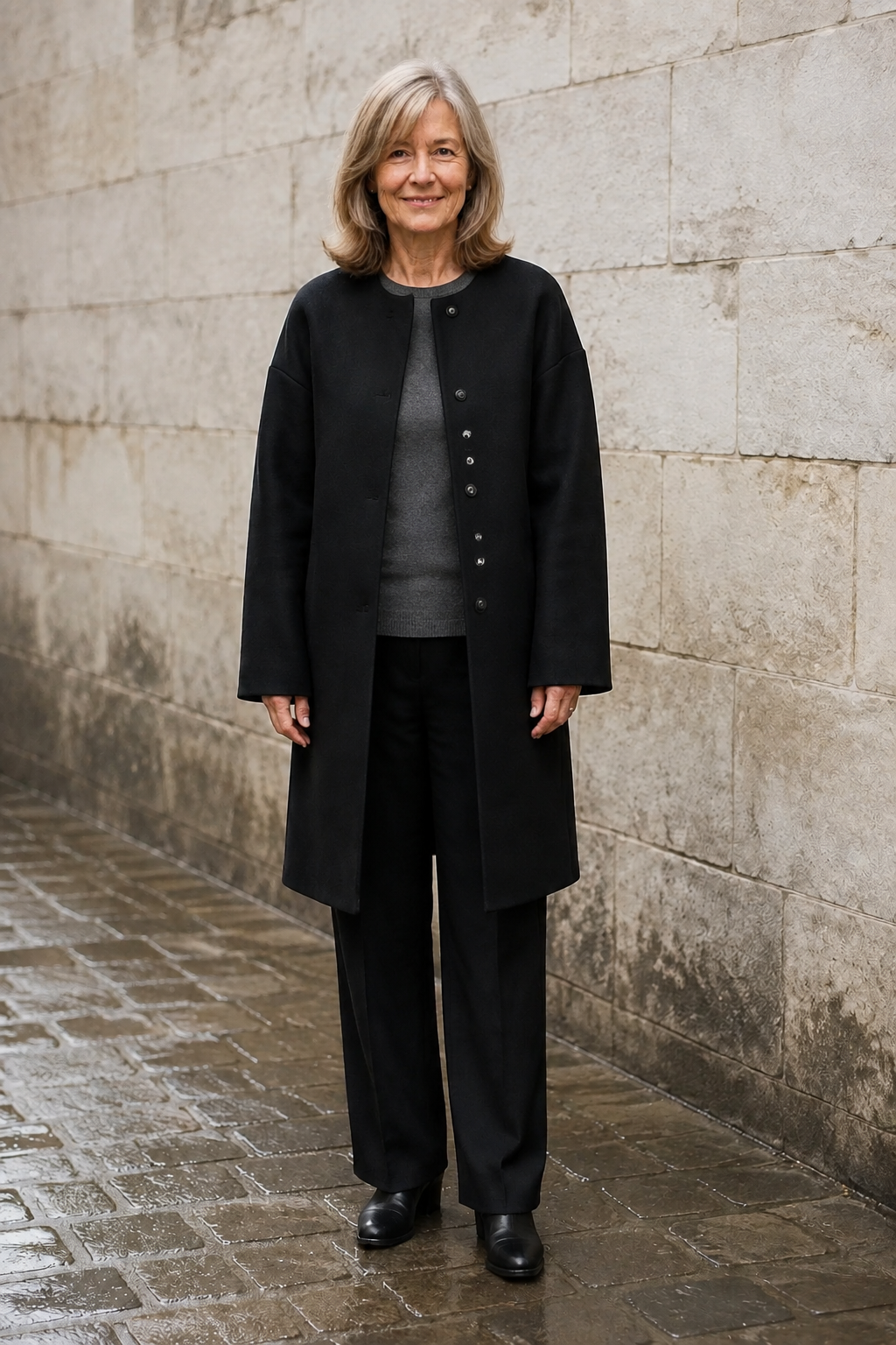 Minimalist Collarless Winter Coat open front view