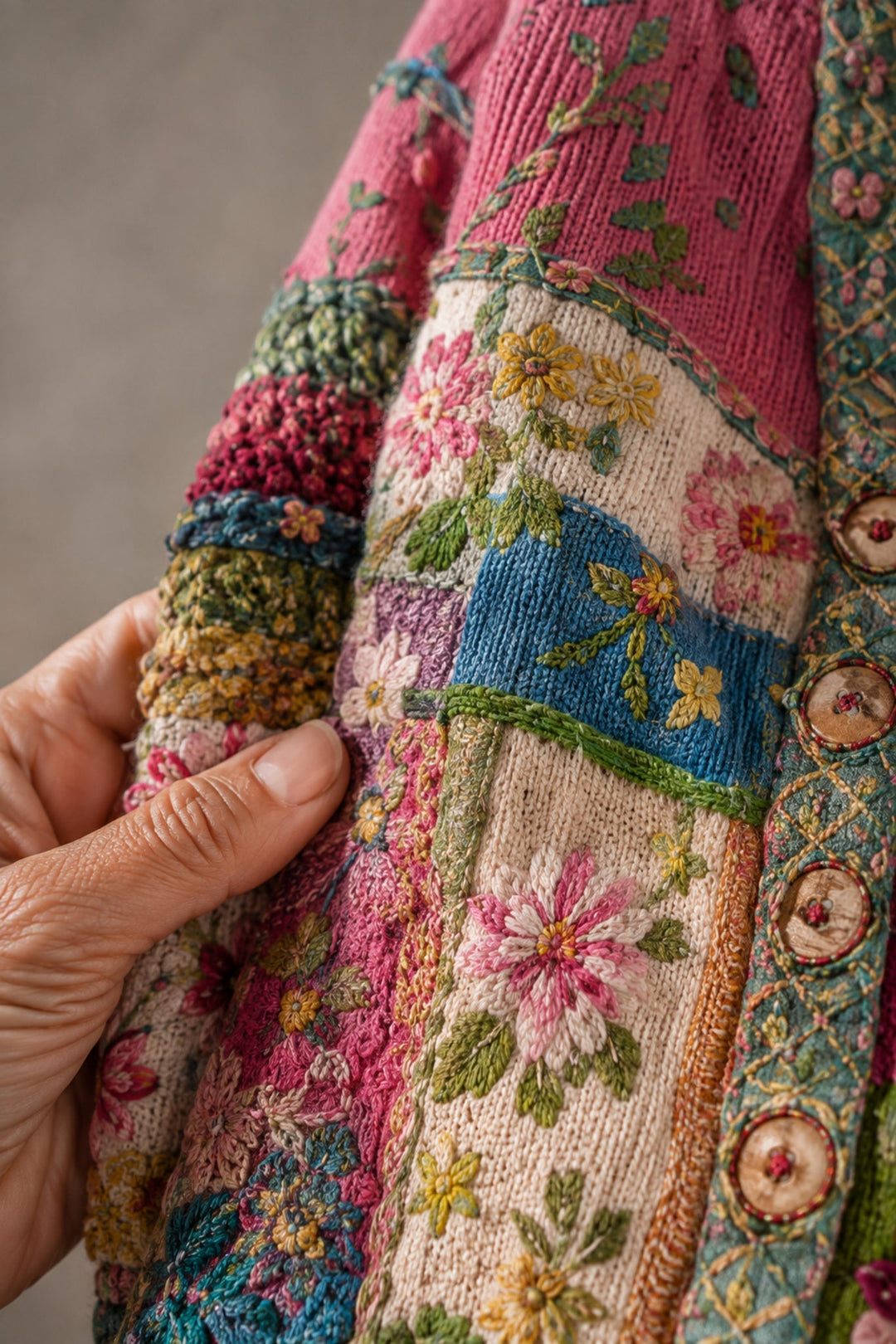 Marianne | Floral Embroidered Patchwork Cardigan fabric texture close-up