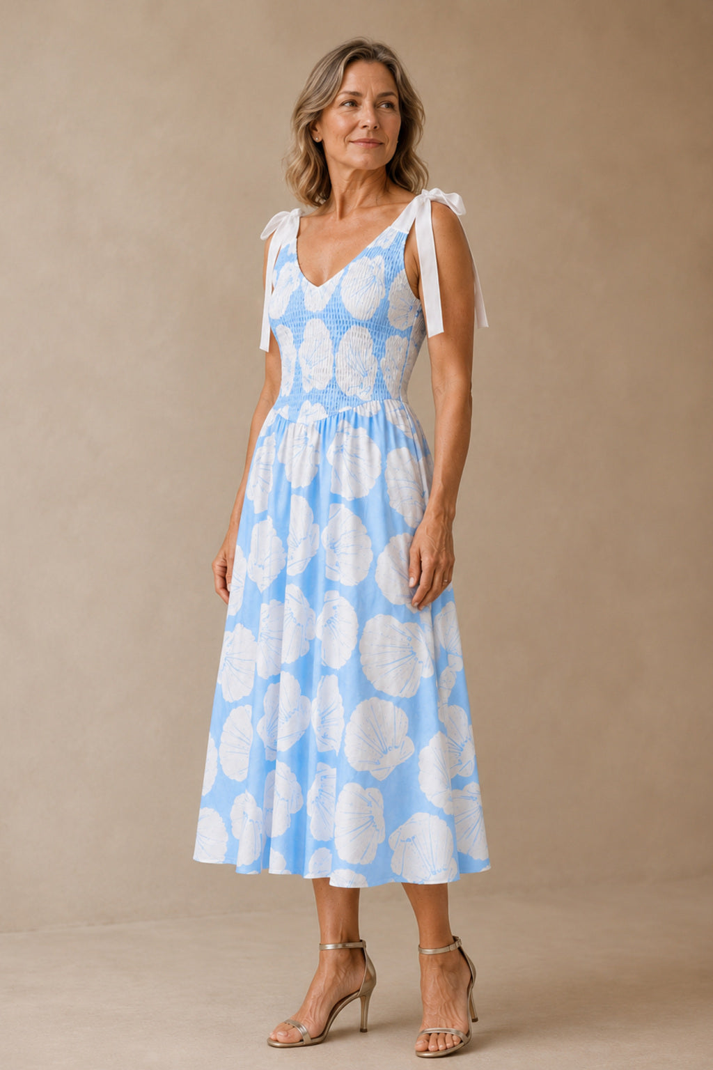 Brynn | Shell Print Shoulder Tie Midi Dress