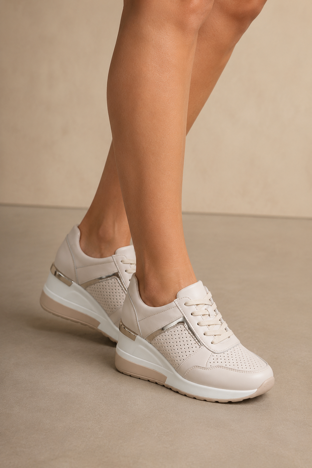 Trina beige orthopedische platformsneaker – draagbeeld