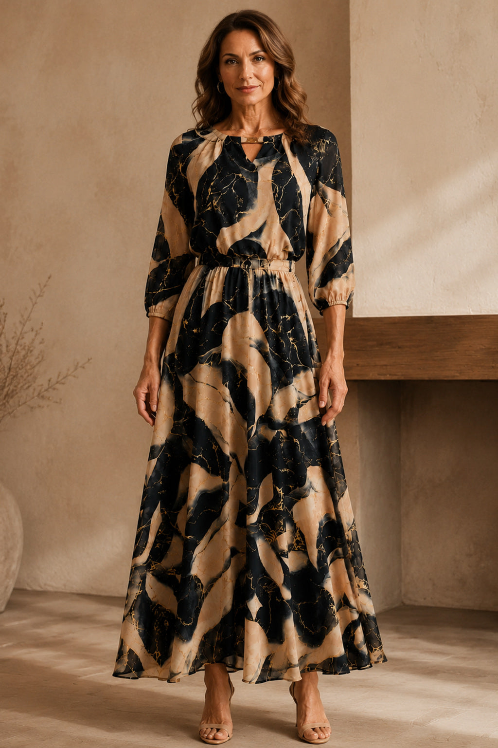 Lois | Marble Gold Chiffon Maxi Dress